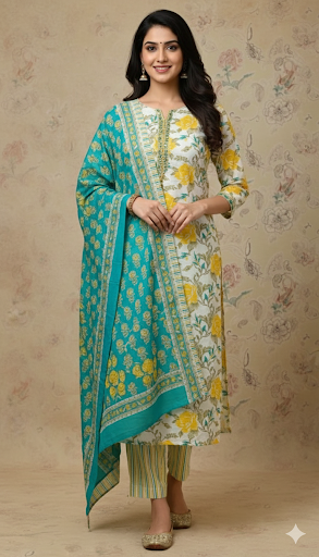 Yellow Floral Printed Straight Kurta Pant With Dupatta