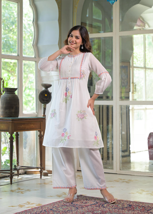Elegant Mul Cotton A-Line Kurta Set in White