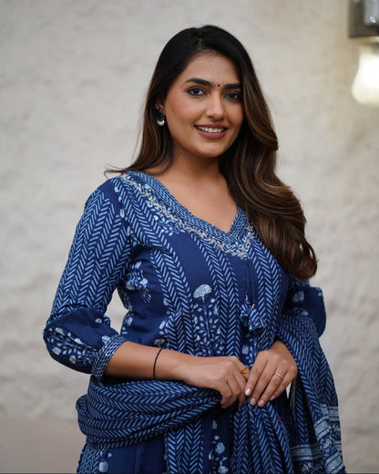 Beautiful Indigo Block Printed Cotton Anarkali Suit