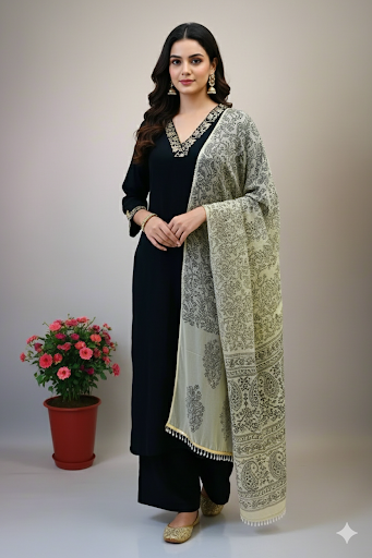 Premium Chinon Silk Suit in Black