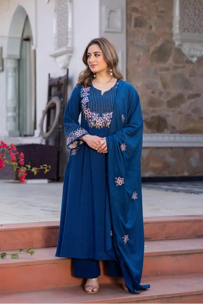 Elegant A-line Embroidered Linen Cotton Suit Set in Royal Blue.