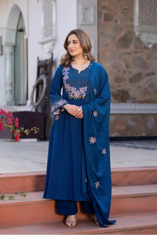 Elegant A-line Embroidered Linen Cotton Suit Set in Royal Blue.
