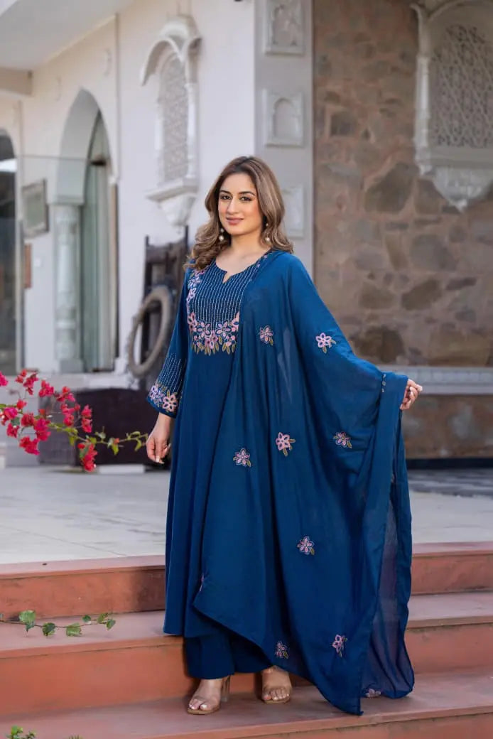 Elegant A-line Embroidered Linen Cotton Suit Set in Royal Blue.