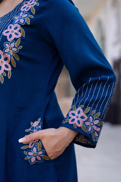 Elegant A-line Embroidered Linen Cotton Suit Set in Royal Blue.