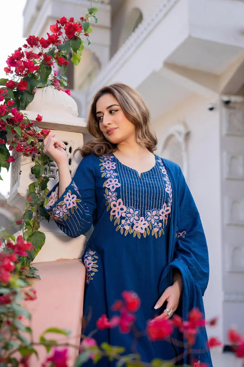 Elegant A-line Embroidered Linen Cotton Suit Set in Royal Blue.