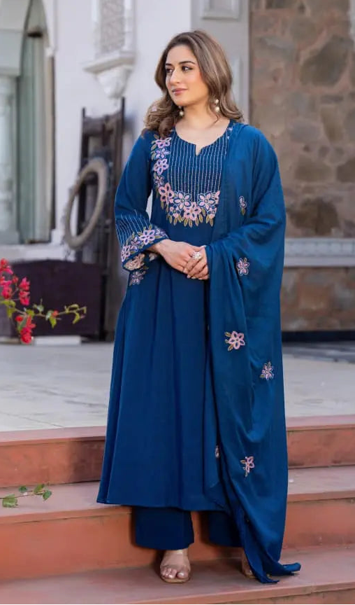 Elegant A-line Embroidered Linen Cotton Suit Set in Royal Blue.