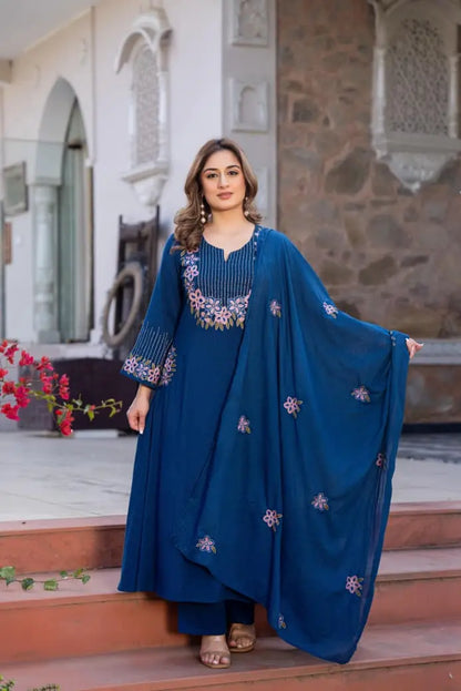Elegant A-line Embroidered Linen Cotton Suit Set in Royal Blue.