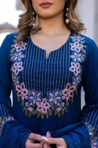Elegant A-line Embroidered Linen Cotton Suit Set in Royal Blue.