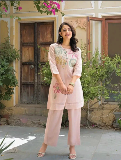Elegant  Blush Pink Mul Chanderi Threadwork Embroidered Kurta Set