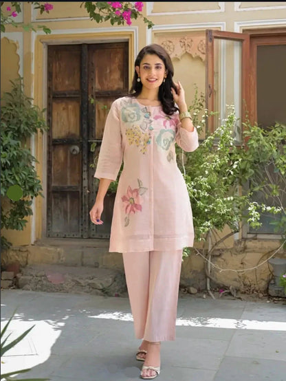 Elegant  Blush Pink Mul Chanderi Threadwork Embroidered Kurta Set