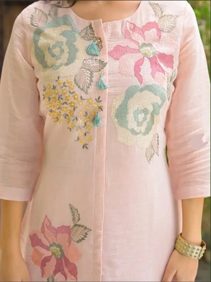 Elegant  Blush Pink Mul Chanderi Threadwork Embroidered Kurta Set