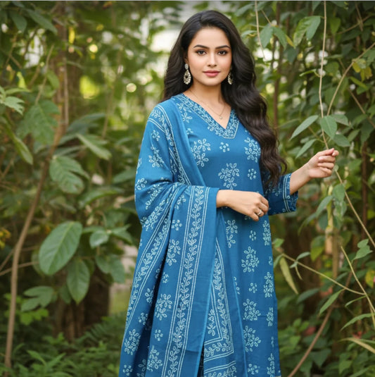 Bandhej Print Premium Cotton Suit Set in Aqua Blue