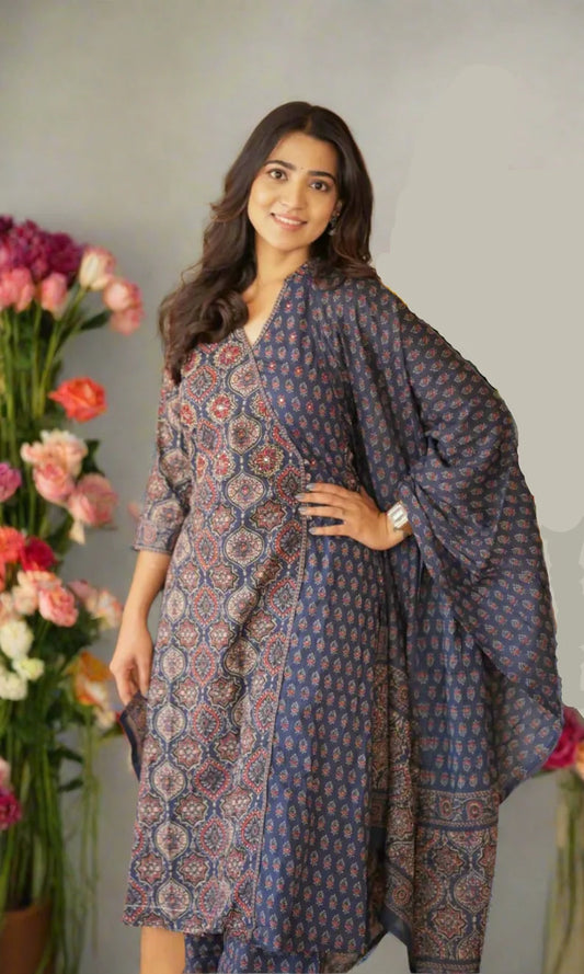 Beautiful Ajrak Handblocked Kurthi Suit  In Navy Blue