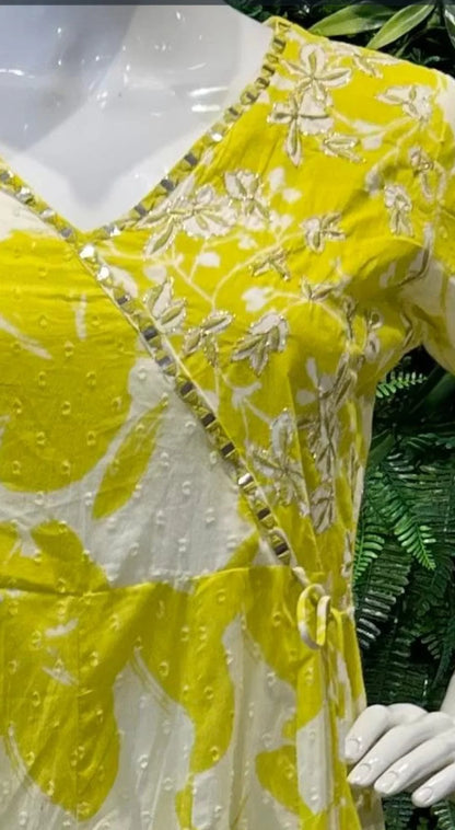 Beautiful Angharakha Style Suit in Yellow Floral Printed Design