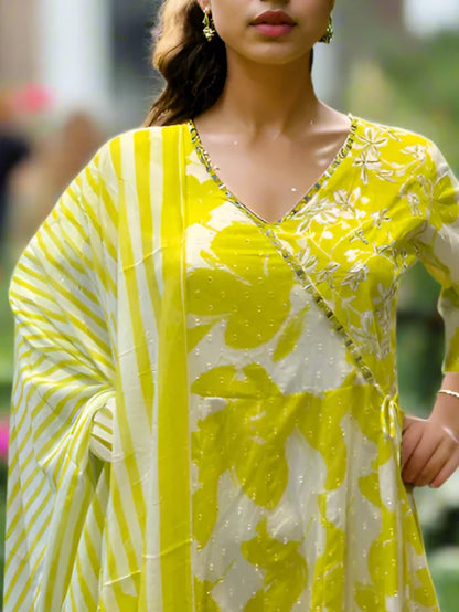 Beautiful Angharakha Style Suit in Yellow Floral Printed Design