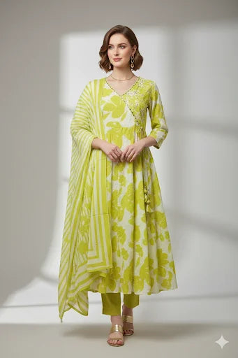 Beautiful Angharakha Style Suit in Yellow Floral Printed Design