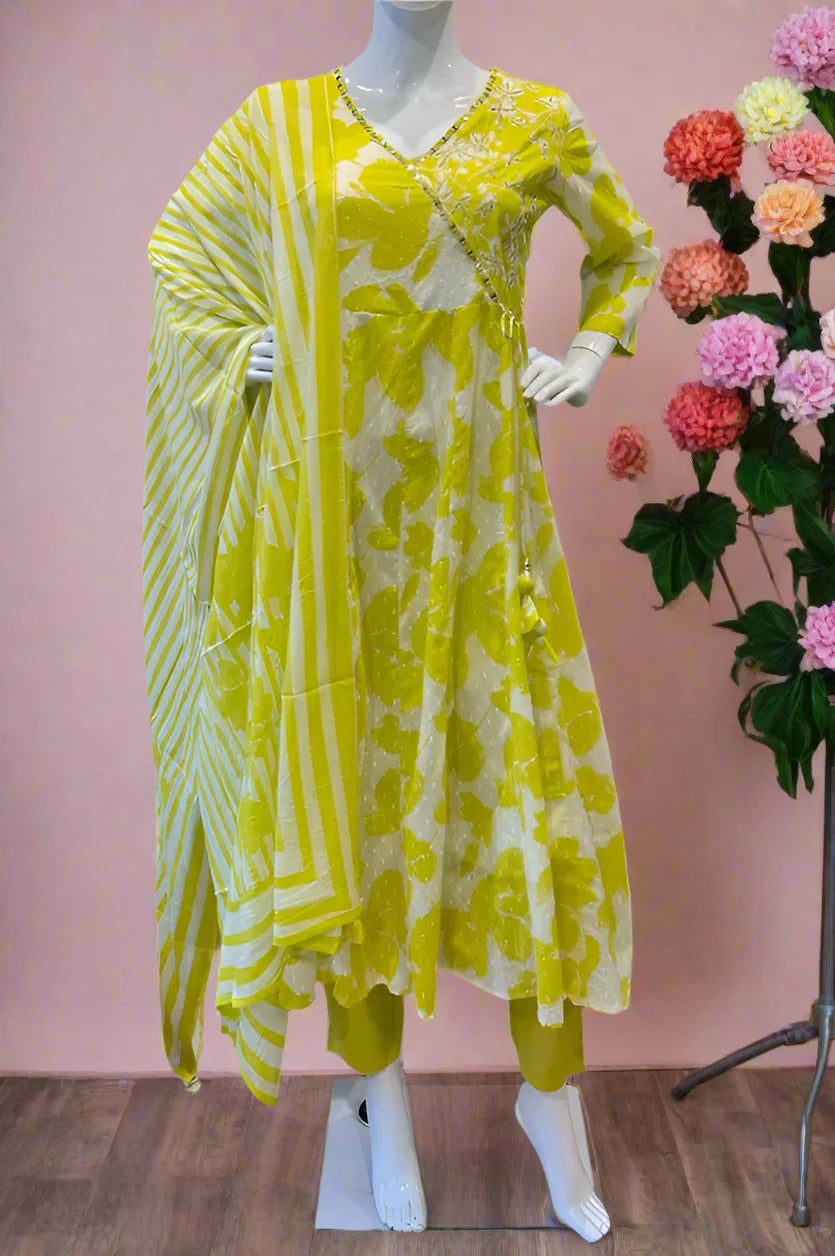 Beautiful Angharakha Style Suit in Yellow Floral Printed Design
