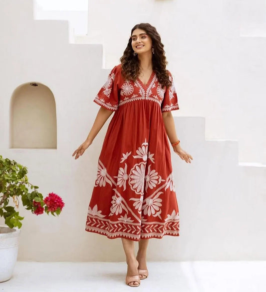 Beautiful Embroidered Cotton Midi Dress in Rust Colour