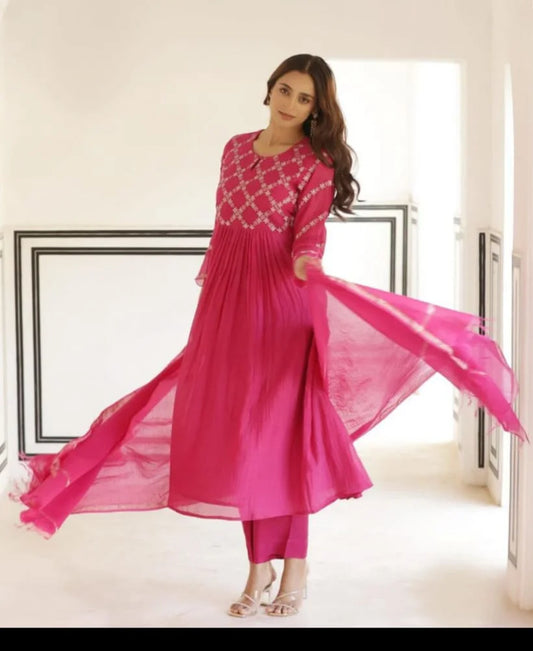 Beautiful Embroidered Mul Chanderi Suit in Royal Pink
