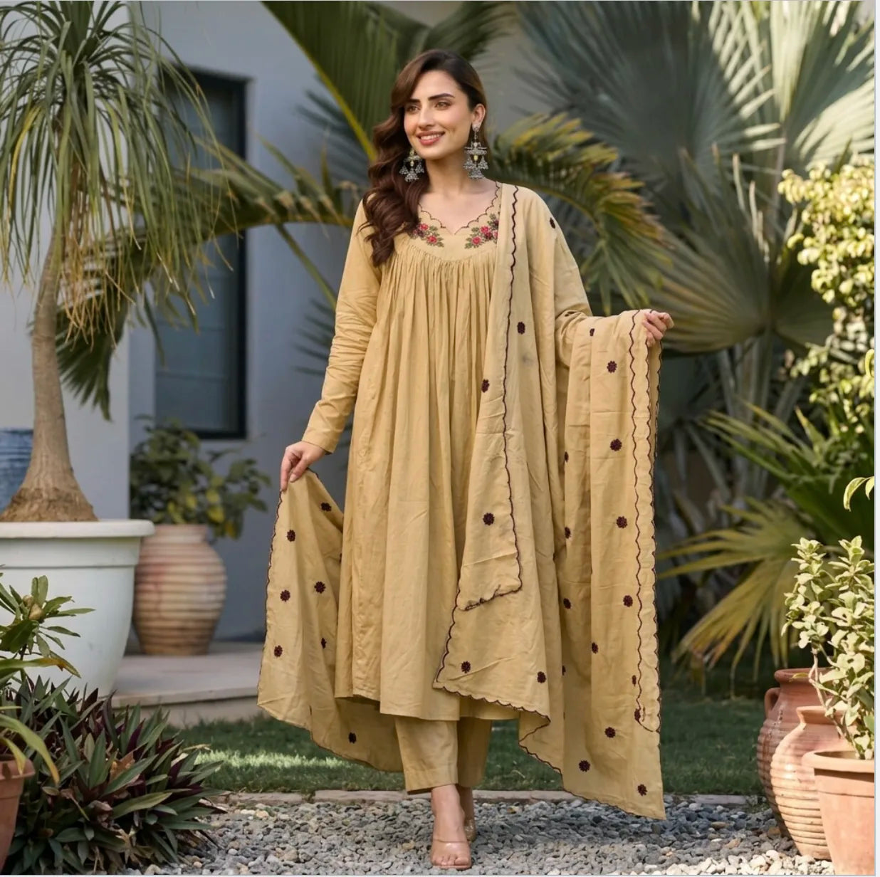 Premium Mul Cotton Beige Anarkali Suit Set With Full Lining