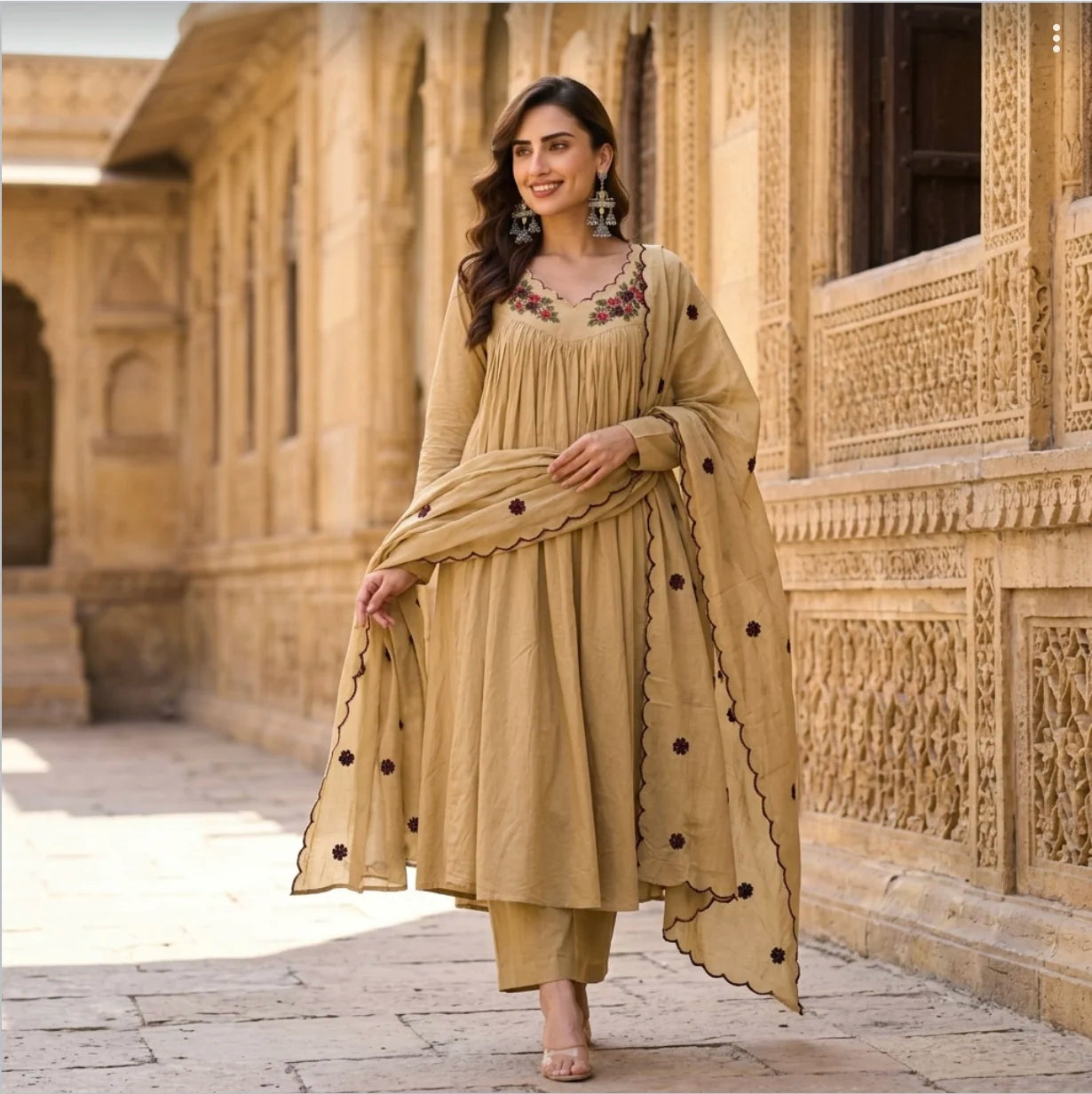 Premium Mul Cotton Beige Anarkali Suit Set With Full Lining