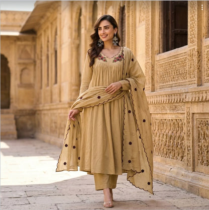 Premium Mul Cotton Beige Anarkali Suit Set With Full Lining
