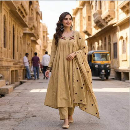 Premium Mul Cotton Beige Anarkali Suit Set With Full Lining