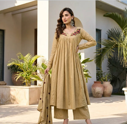 Premium Mul Cotton Beige Anarkali Suit Set With Full Lining