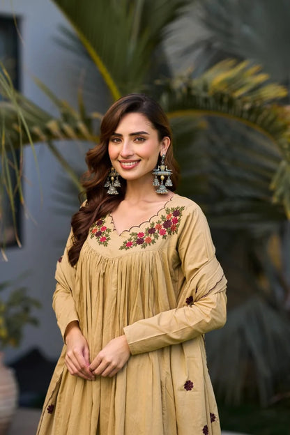Premium Mul Cotton Beige Anarkali Suit Set With Full Lining