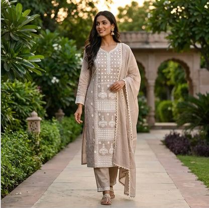 Elegant Sage Beige Embroidered Straight Kurta Set with Lace-Border Dupatta