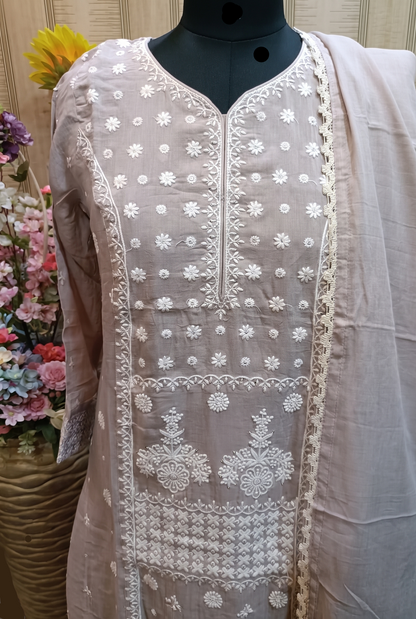 Elegant Sage Beige Embroidered Straight Kurta Set with Lace-Border Dupatta