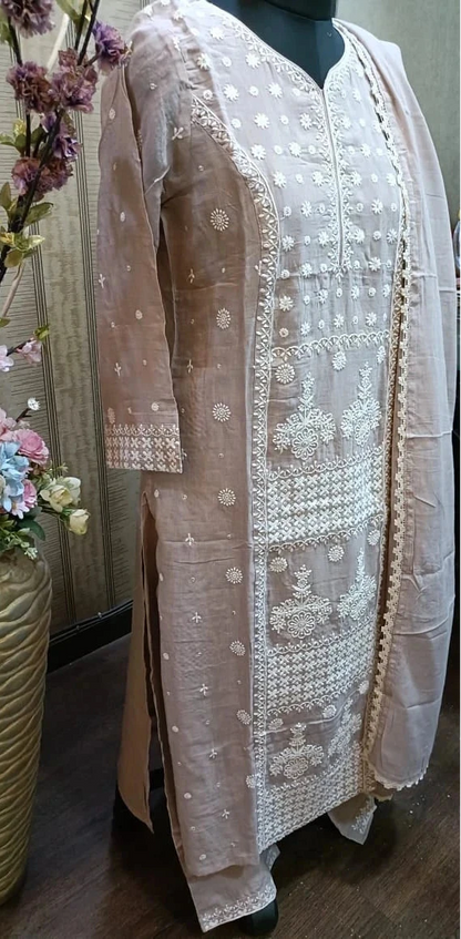 Elegant Sage Beige Embroidered Straight Kurta Set with Lace-Border Dupatta