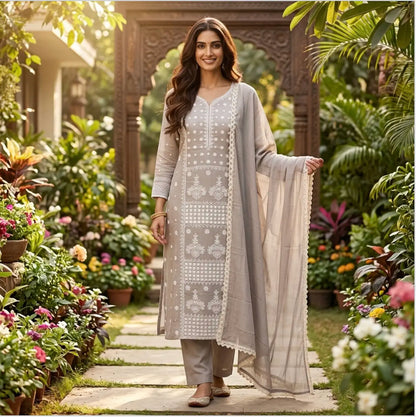 Elegant Sage Beige Embroidered Straight Kurta Set with Lace-Border Dupatta