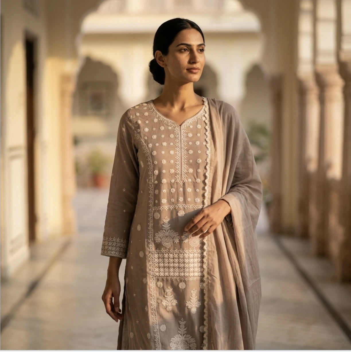 Elegant Sage Beige Embroidered Straight Kurta Set with Lace-Border Dupatta