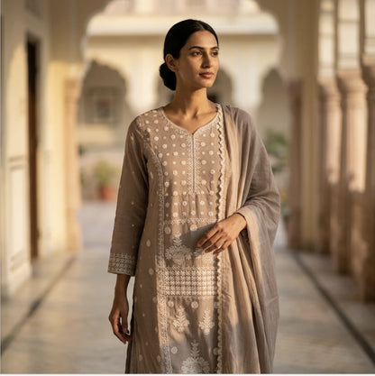 Elegant Sage Beige Embroidered Straight Kurta Set with Lace-Border Dupatta
