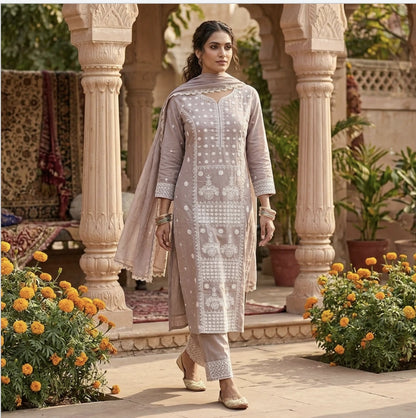 Elegant Sage Beige Embroidered Straight Kurta Set with Lace-Border Dupatta