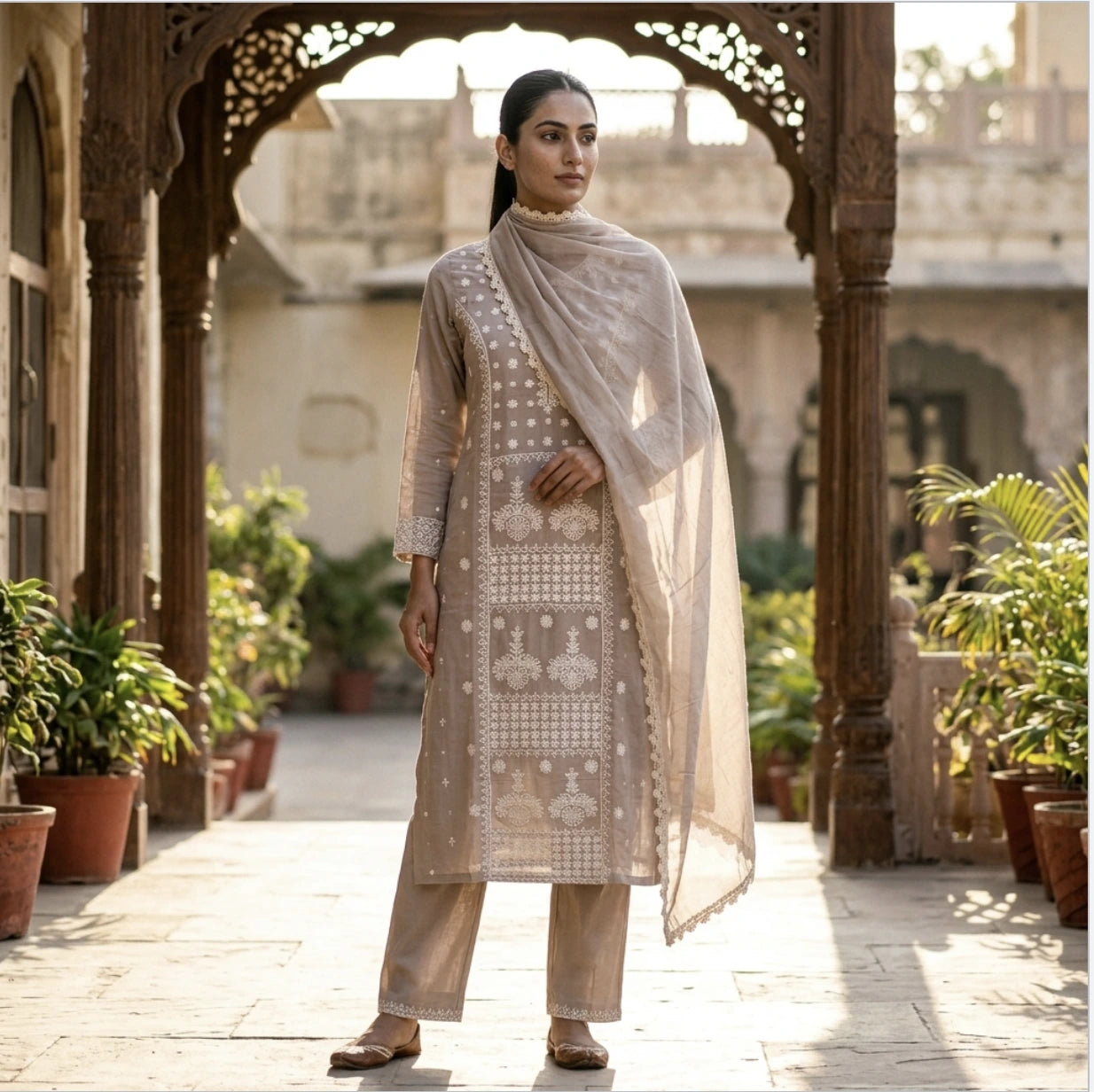 Elegant Sage Beige Embroidered Straight Kurta Set with Lace-Border Dupatta