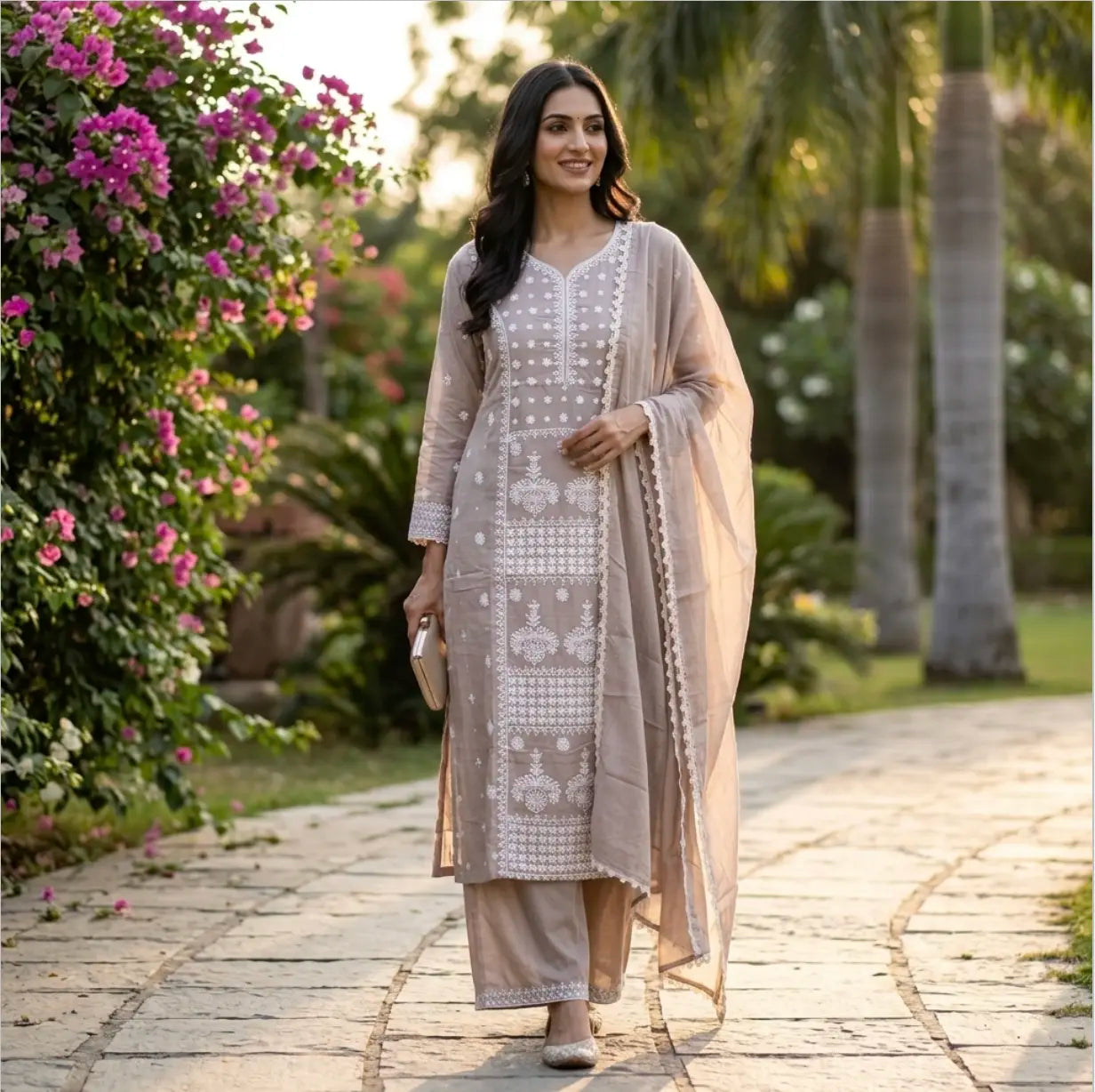 Elegant Sage Beige Embroidered Straight Kurta Set with Lace-Border Dupatta
