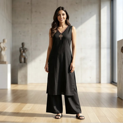 Black Sleeveless V-Neck Kurta Set with Wide-Leg Palazzos