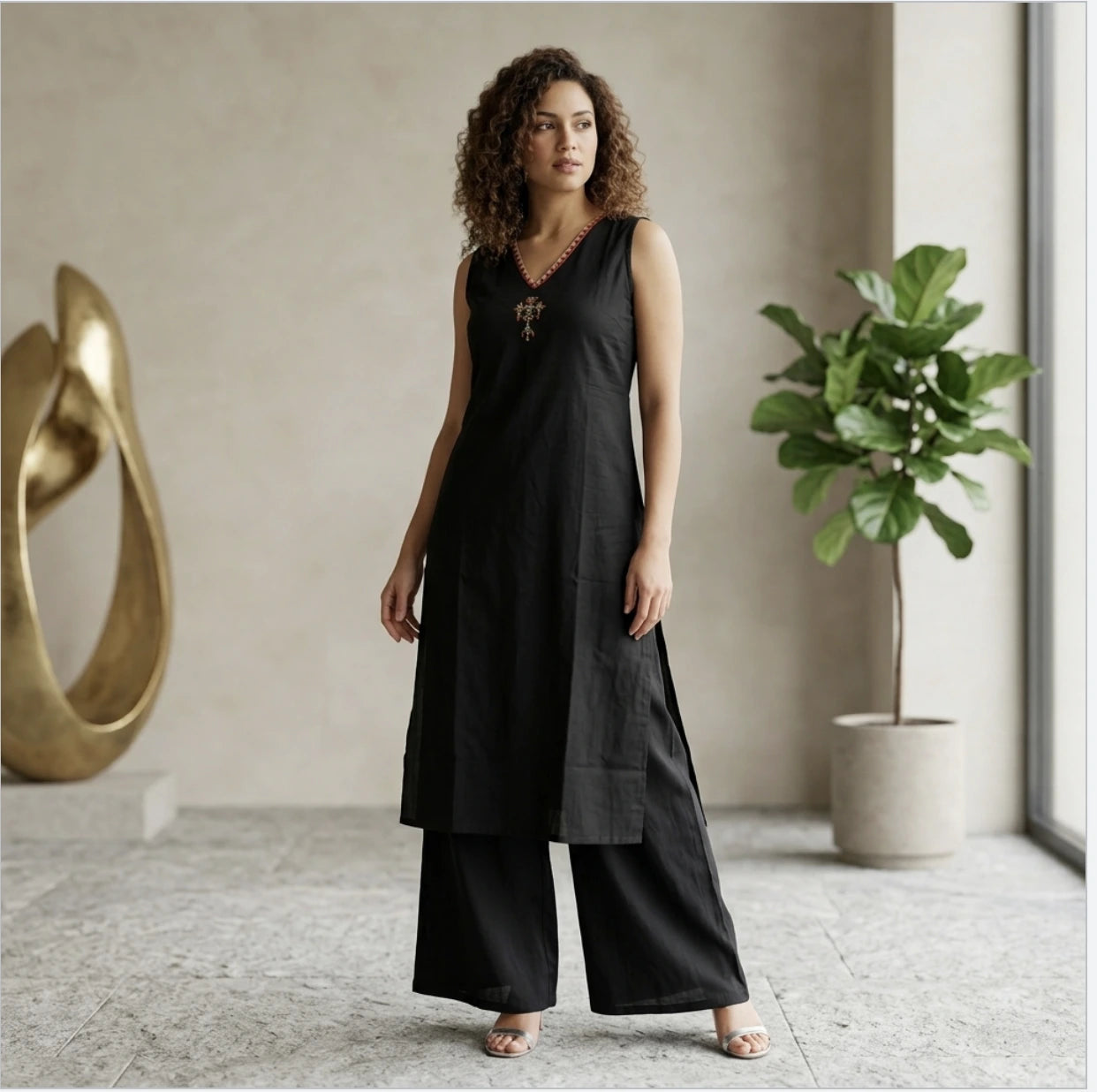 Black Sleeveless V-Neck Kurta Set with Wide-Leg Palazzos