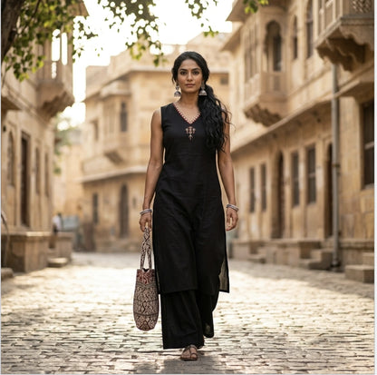 Black Sleeveless V-Neck Kurta Set with Wide-Leg Palazzos