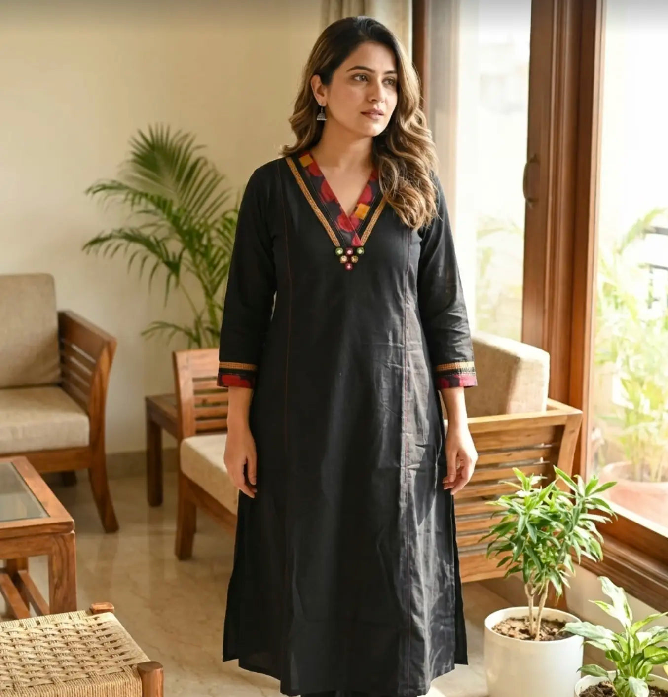Elegant Black Kurti Set With Overlapped V Neck