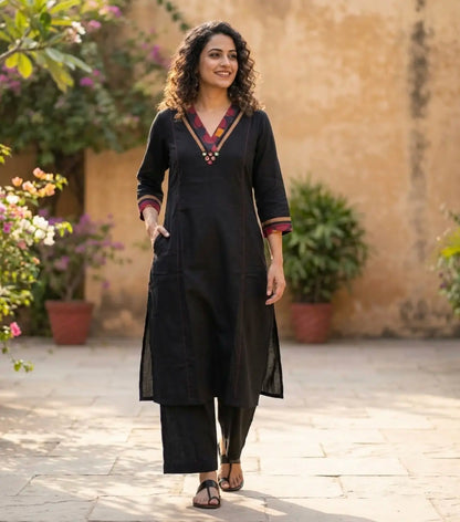 Elegant Black Kurti Set With Overlapped V Neck