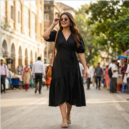 Solid Black, Sleek Chic Midi Dress