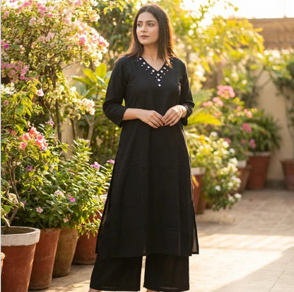 Elegant Mirror Work  Cotton Flex Kurti Pant Set in Black Paired With Pink Silk Bandhani Dupatta