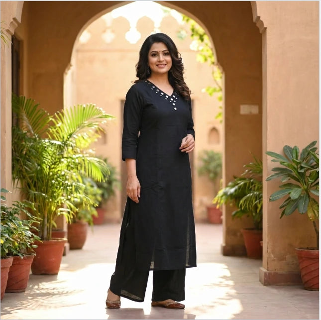 Elegant Mirror Work  Cotton Flex Kurti Pant Set in Black Paired With Pink Silk Bandhani Dupatta