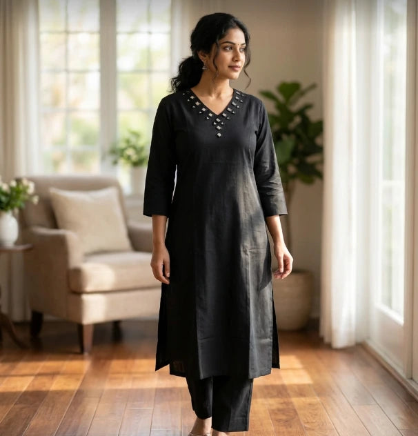 Elegant Mirror Work  Cotton Flex Kurti Pant Set in Black Paired With Pink Silk Bandhani Dupatta