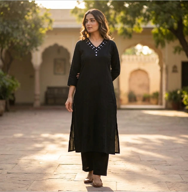 Elegant Mirror Work  Cotton Flex Kurti Pant Set in Black Paired With Pink Silk Bandhani Dupatta