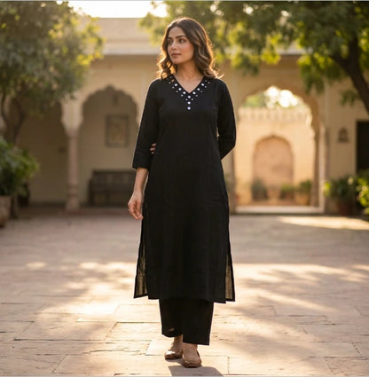 Elegant Mirror Work  Cotton Flex Kurti Pant Set in Black Paired With Pink Silk Bandhani Dupatta