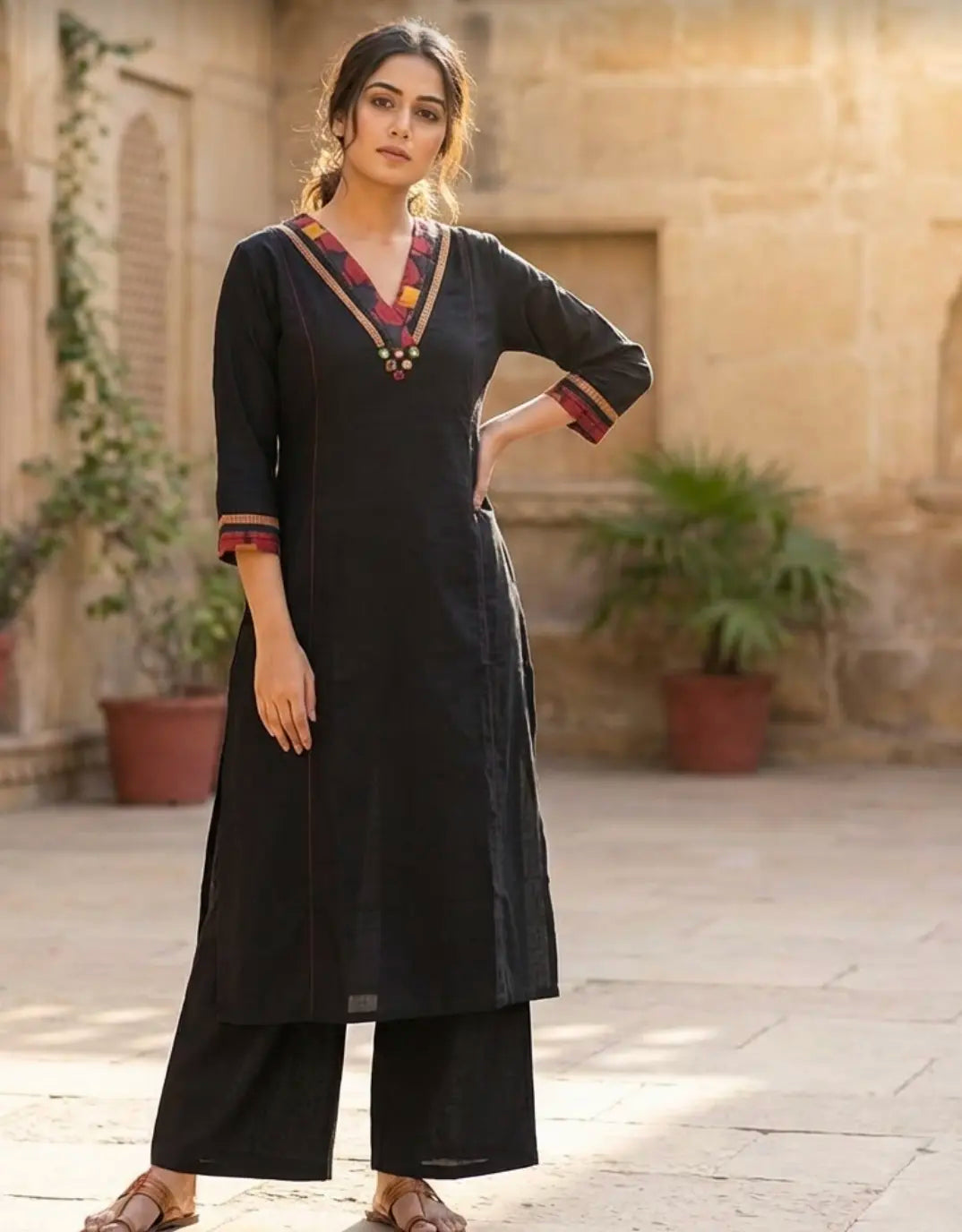 Elegant Black Kurti Set With Overlapped V Neck